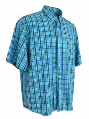 Chaps Easy Care Blue Plaid Short Sleeve Button Down Oxford‎ Shirt